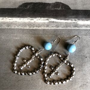 Heavy Metal Western Style Heart Earrings With Blue Beads Vintage
